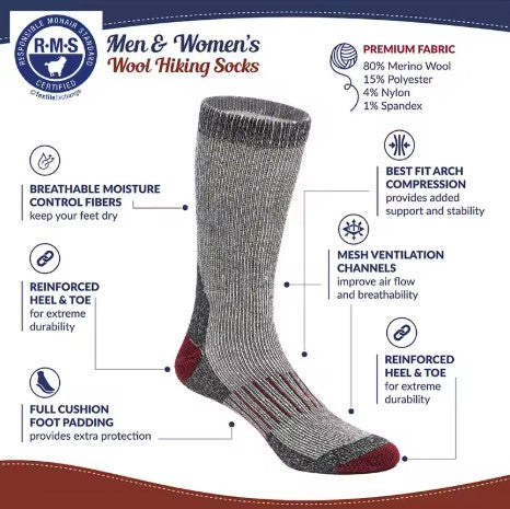 Merino Wool Hiking Socks Thermal Warm Crew Winter Boot Sock For Men & Women