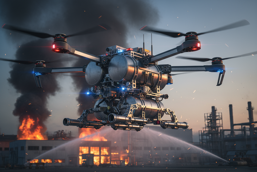 generate an image of a large drone specially equipped for fire fighting and dispensing large amounts of water