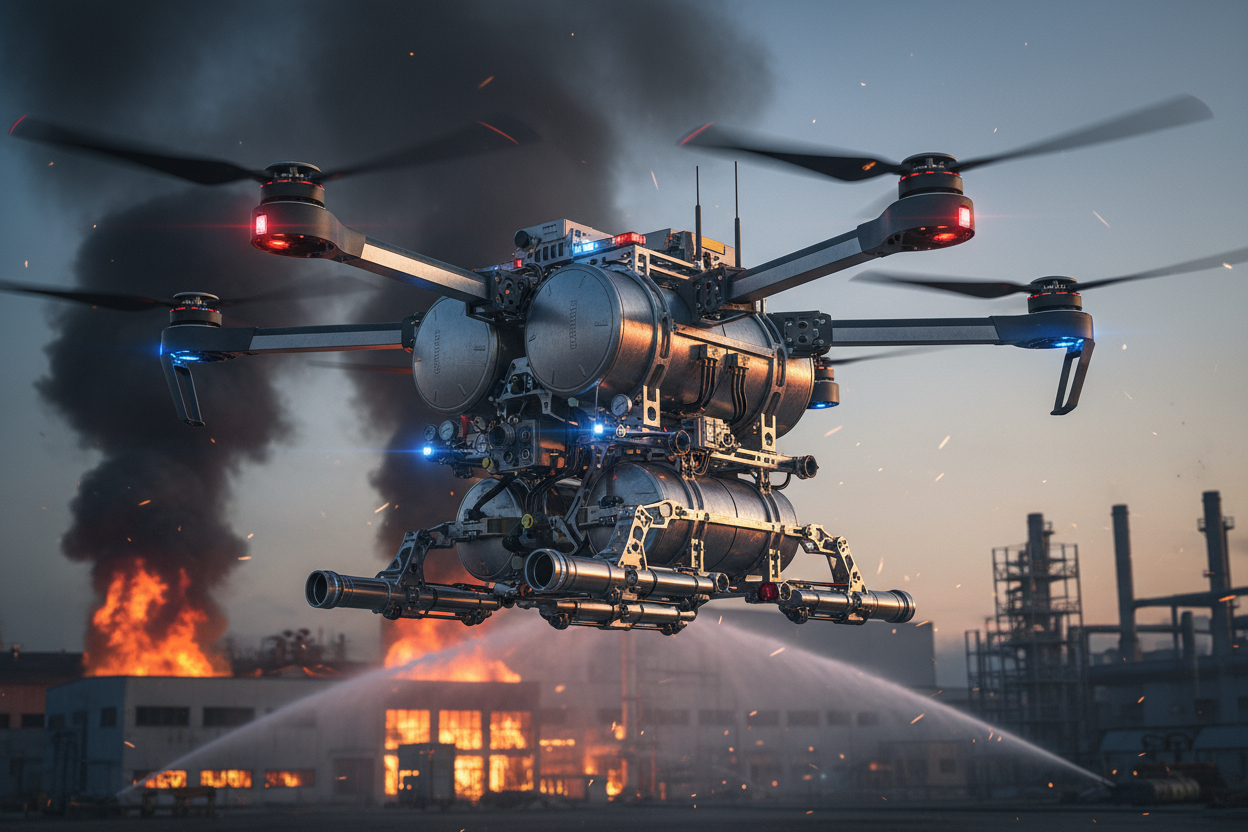 generate an image of a large drone specially equipped for fire fighting and dispensing large amounts of water