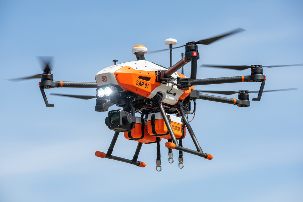 generate an image of a large drone specially equipped for search and rescue missions