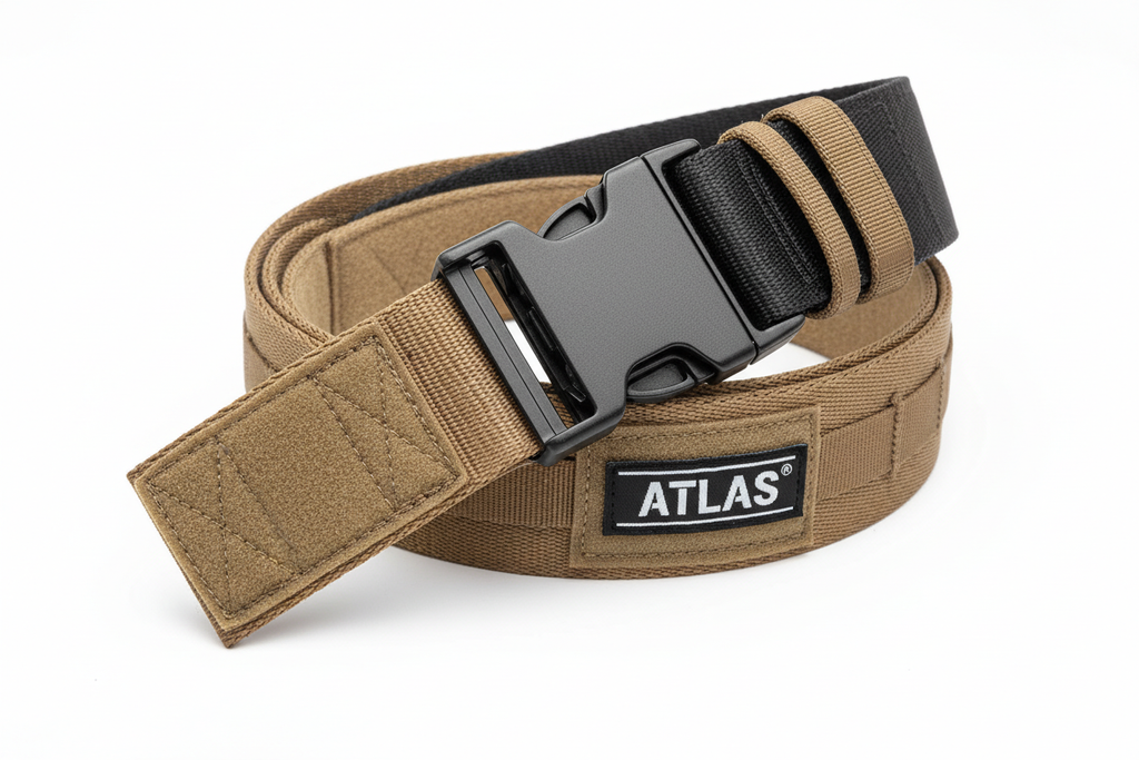 generate an image of ATLAS brand Heavy-duty tactical belt engineered for load-bearing and rapid deployment applications.

Cobra quick-release buckle rated to 4,500 lbs
1.75-inch width for holster and gear compatibility
Reinforced nylon webbing construction
Low-profile design fits through belt loops
Adjustable sizing with hook-and-loop closure
Available in sizes: S (28-32"), M (32-36"), L (36-40"), XL (40-44")
Load-bearing capacity for tactical equipment

Ideal for duty use, concealed carry, range training, 