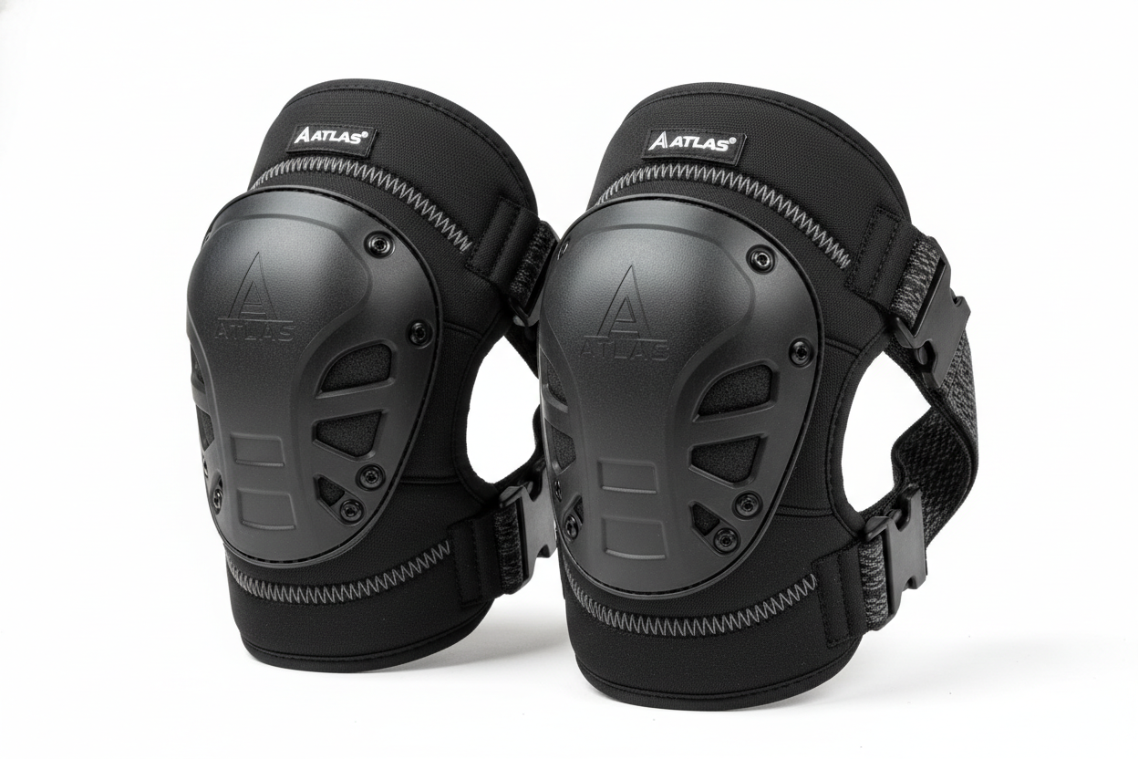 generate an image of Atlas brand Professional-grade knee pads designed for extended wear during tactical operations and training.

High-density foam padding with hard shell cap
Ergonomic design conforms to knee shape
Adjustable elastic straps with non-slip backing
Breathable neoprene construction
Reinforced stitching for durability
Compatible with tactical pants knee pad pockets
One size fits most

Essential protection for SWAT operations, military training, shooting positions, and any activity requiring pr