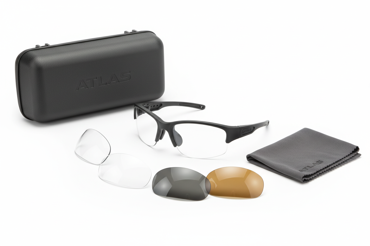 generate an image of ATLAS brand tactical glasses and accessories: Military-grade ballistic eyewear providing superior eye protection without compromising visibility.

ANSI Z87.1+ and MIL-PRF-32432 ballistic rated
Interchangeable lens system (clear, smoke, amber)
Anti-fog and scratch-resistant coating
100% UV protection
Adjustable temple arms for secure fit
Rubber nose piece for comfort
Wraparound design for peripheral protection
Includes protective hard case and microfiber cloth