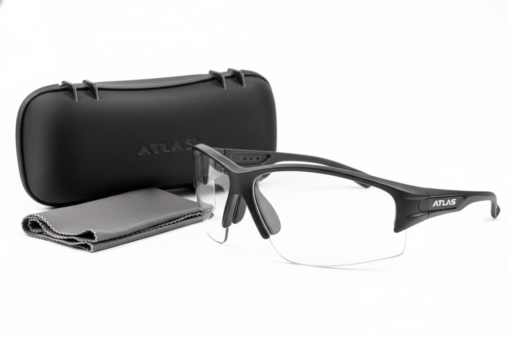 generate an image of ATLAS brand tactical glasses with these features: Military-grade ballistic eyewear providing superior eye protection without compromising visibility.

ANSI Z87.1+ and MIL-PRF-32432 ballistic rated
Interchangeable lens system (clear, smoke, amber)
Anti-fog and scratch-resistant coating
100% UV protection
Adjustable temple arms for secure fit
Rubber nose piece for comfort
Wraparound design for peripheral protection
Includes protective hard case and microfiber cloth