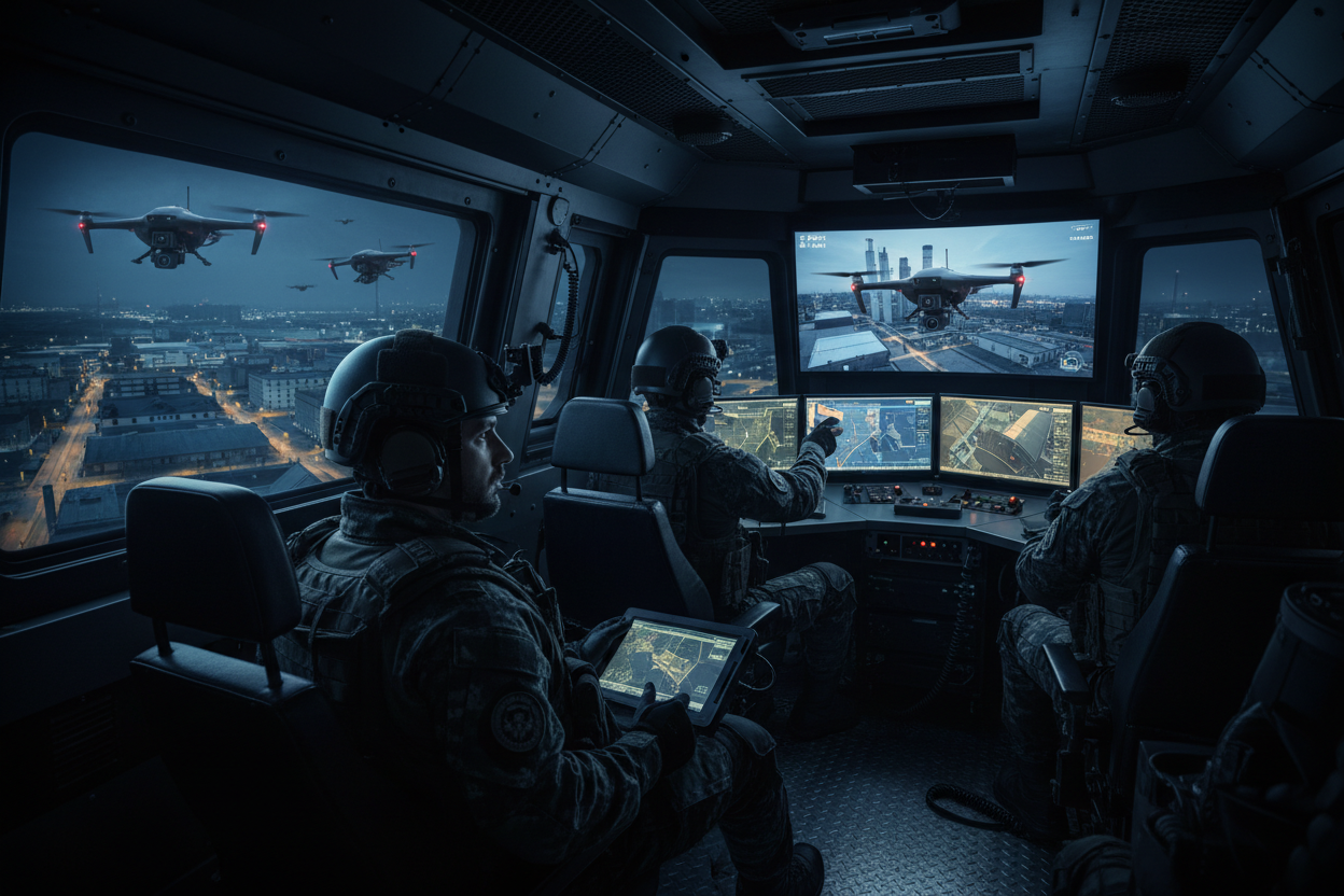 generate an image of tactical drones being controlled by security personnel from inside an armored vehicle while the drones fly above a target