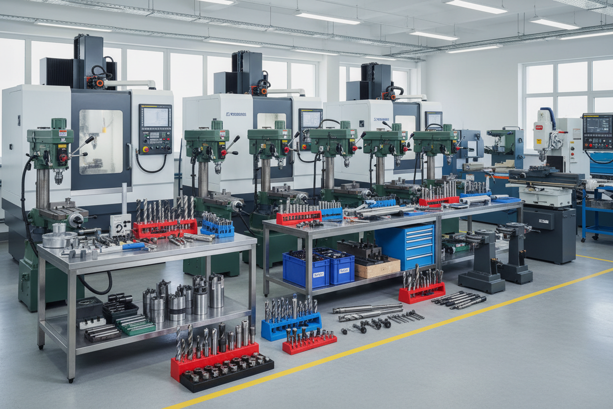 generate image of cnc machines, drills, boring tools, and metalworking tools