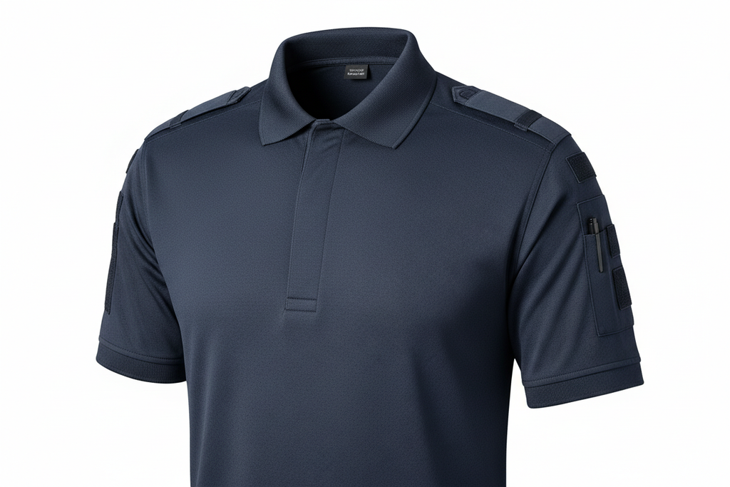 generate multiple images of Professional tactical polo shirt combining classic style with modern performance features.

Moisture-wicking polyester blend fabric
Reinforced pen pocket on left sleeve
Concealed button placket for professional appearance
Underarm mesh ventilation panels
Badge tab and mic clip loops on shoulders
Side vents for enhanced mobility
Stain and wrinkle-resistant finish
UPF 30+ sun protection
Available in sizes: S, M, L, XL, XXL, XXXL
Color options: Black, Navy, Charcoal, Tan

Ideal for 